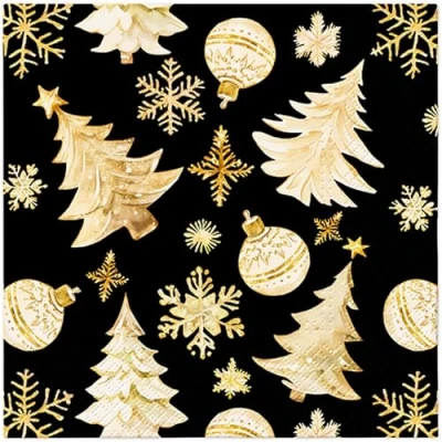 Image of 20 Napkins Christmas Ornaments Gold on Black as Table Decoration Paper with Motif Also for Decoupage and 33 x cm