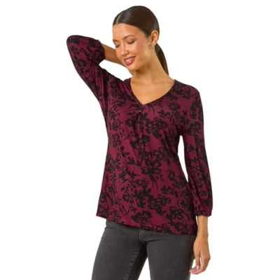 Image of Roman Originals Pleat Front Top for Women UK Ladies Pleated Shirt Notch V Neck Blouse Summer Tunic Spring Pull On Comfy Soft Evening Holiday Vacation Work Party Everyday Wine Size 12