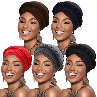 Image of DRESHOW Women Turban Pre Tied Twisted Braid Hair Cover Wrap Hat African Beanie Headwraps Chemo Cancer Cap