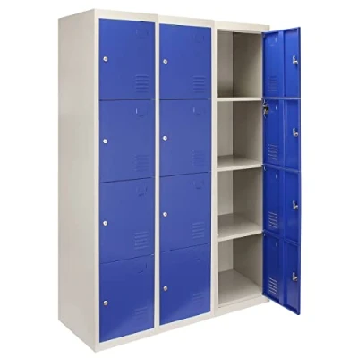 Image of Monster Shop 3 x Metal Lockers, 4 Door Storage, Blue &amp; Grey Lockable Unit, School Staff Gym Changing Room