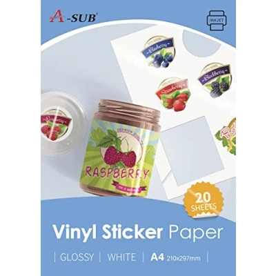 Image of A SUB White Glossy Premium Waterproof Printable Vinyl Sticker Paper, Self Adhesive Labels for Inkjet Printers, A4 Size, 20 Sheets