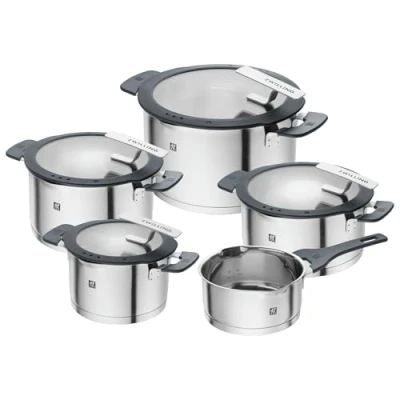 Image of ZWILLING Simplify stainless steel pot set, 5 pieces, with integrated sieve in the lid, suitable for induction, silver black