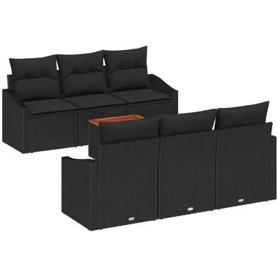 Image of vidaXL 7 Piece Garden Sofa Set with Cushions Black Poly Rattan Acacia