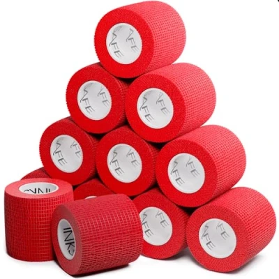 Image of Inksafe Red Self Adherent Cohesive Bandages 5cm x 4.5m Box of 12 Uses Include Tattoo Grip Wrap, Vet Tape for Wrist and Ankle Sprains