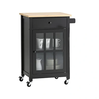 Image of SoBuy FKW98 SCH, Kitchen Storage Trolley Serving Cabinet Cupboard with Rubber Wood Worktop, Black