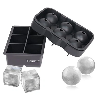Image of Ticent &amp; Co Silicone Ice Cube Trays (Set of 2), Sphere Ball Maker with Lid Large Square Moulds, Reusable BPA Free