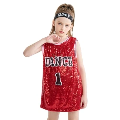 Image of LOLANTA Girls Sequins Dance Costume Hip Hop Dancewear Sparkle Sleeveless Tank Top Dress, Red, 5 6 Years, Tag 120