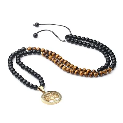 Image of COAI Tree of Life Pendant Tiger Eye Necklace Black Obsidian 108 Beads Mala
