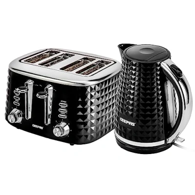 Image of Geepas 4 Slice Bread Toaster &amp; 1.7L Cordless Electric Kettle Combo Set with Textured Design 1750W Toastie Machine 7 Browning Control 2200W Auto Shut Off Boil Dry Sensor Black