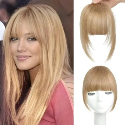 Image of Clip in Bangs 100% Human Hair Wispy Extensions, Blonde French Fringe with Temples Hairpieces for Women Curved Daily Wear (Blonde, Bangs)