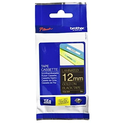 Image of Brother TZe 334 Standard adhesive gold on black Roll (1.2 cm x 8 m) 1 cassette(s) laminated tape for PT D210, D600, H110, P Touch 1005, 1880, E800, Cube Plus P710