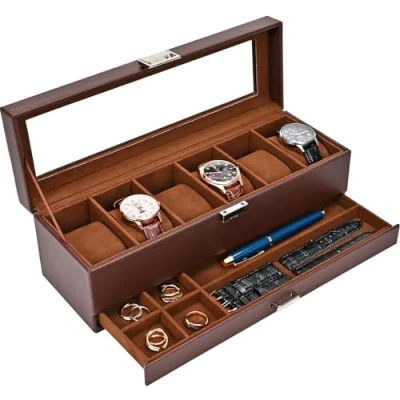 Image of ProCase Watch Box for Men, 6 Slot Display Case With Drawer, Mens Glass Lid, 2 Layer Jewelry and Storage Holder Organizer Men Women Slot, Espresso