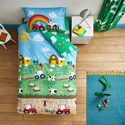 Image of Catherine Lansfield Farmyard Animals Reversible Single Duvet Cover Set with Pillowcase Blue