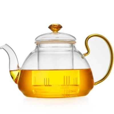 Image of MESNEY Glass Tea Pot with Infuser and Lid Heat Resistant Borosilicate Kettle for Gas Stovetop 46oz Capacity, Ideal Blooming Loose Leaf