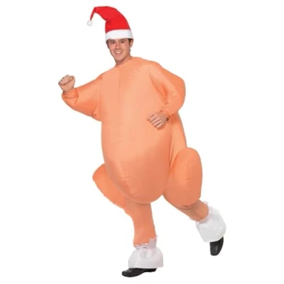 Image of Smiffys Inflatable Roast Turkey Costume, Nude with Bodysuit, Hat &amp; Self Inflating Fan, Christmas Adult Fancy Dress, Comedy Dress Up Costumes