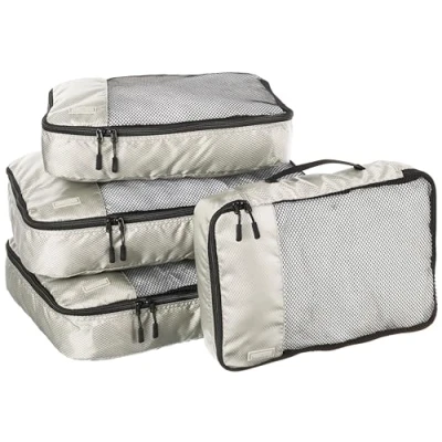 Image of Amazon Basics Packing Cubes for Suitcases, Travel Organisers, Zipper, 4 Piece Set Bags, 2 Large and Medium, Gray