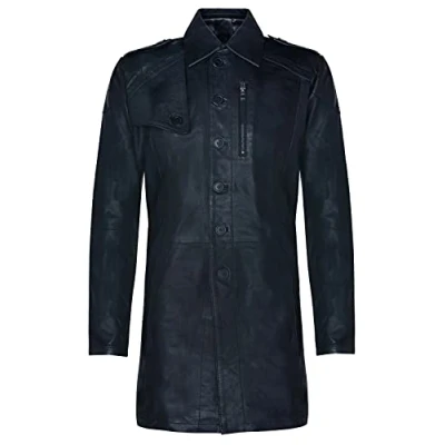 Image of Mens Classic Black Long Genuine Leather Cromby Trench Jacket L