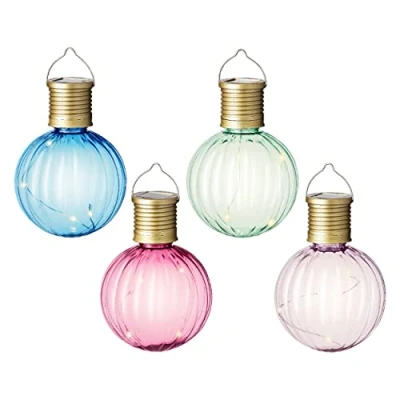 Image of Lumineo Set of 4 Hanging Solar Light Bulbs Bright Coloured Globe Garden Lights Warm White LEDs (894065)