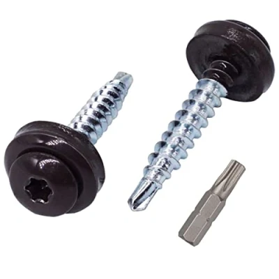 Image of (Pack of 60 pcs) Metal Roofing Torx Screws, 4.8 x 35 mm Painted Self Drilling Screws With EPDM Washers, Sheet Screw (60, Grey Brown RAL 8019)