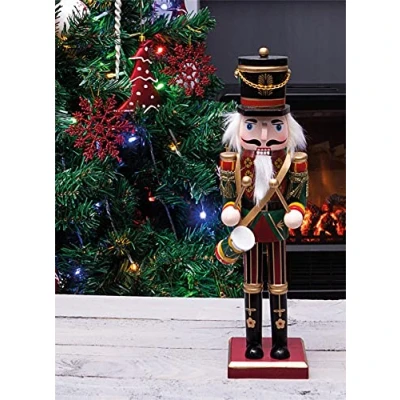 Image of St Helens Home &amp; Garden Nutcracker with Drum Christmas Decoration 30cm Height Wonderfully Festive Vibrant Colour Detail