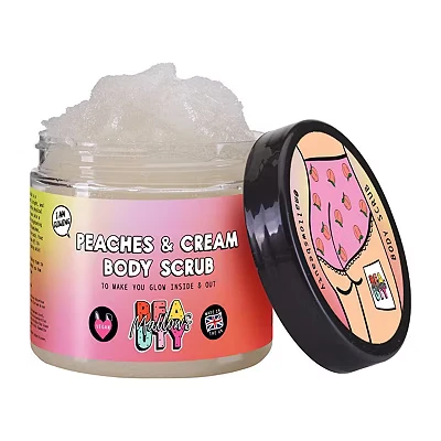Image of Mallows Beauty AHA Peachy Body Scrub, with Glycolic Acid, Exfoliating Suagr Hydrates and Nourishes, Prevents Strawberry Legs, Vegan Handmade in the UK, 180g