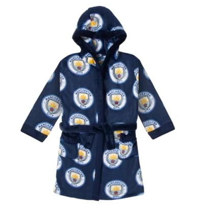 Image of MANCHESTER CITY FC Official Gift Boys Dressing Gown Fleece Robe Navy 9 10 Years