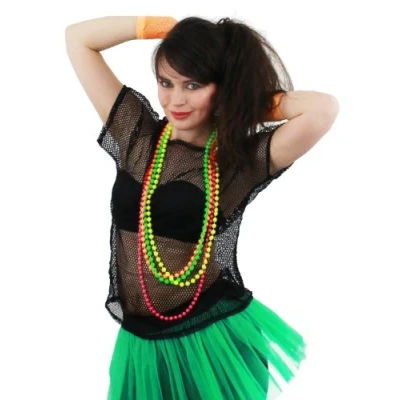 Image of LADIES 80S MESH TOPS FANCY DRESS ACCESSORY 1980&#039;S RAVE TSHIRT FISHNET ROLLER DISCO 80&#039;S CLUBBING IN 5 COLOURS BLACK, NEON PINK, LIME GREEN, ORANGE, YELLOW (NEON PINK)