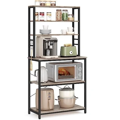 Image of VASAGLE Kitchen Storage Rack, Coffee Bar, Baker’s Total 6 Shelves and Hooks, for Microwave, Steel Frame, Industrial, 40 x 80 167 cm, Greige Black KKS019B02