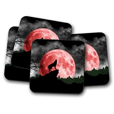 Image of 4 Set Howling Wolf Coaster Moon Wolves Dog Animal Night #8850