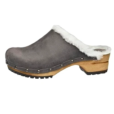Image of Sanita Hese Open Clog Original Handmade Leather Wooden Clogs for Women, anthracite grey, 8.5 UK