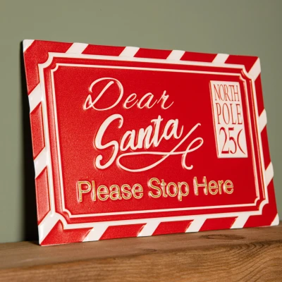 Image of 29cm Red and White Dear Santa Stop Here Hanging Metal Sign Christmas Decoration