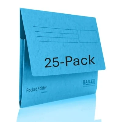 Image of Railex Pocket Folder Foolscap Document Wallets Turquoise Folders for Paperwork A4 and A4+, Recycled Board File Wallet, Premium Filing Office Home Pack of 25