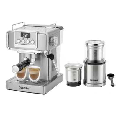 Image of GEEPAS Espresso Coffee Machine &amp; 200W Grinder Combo Set 1465W Maker with Milk Frother Electric Wet Dry Food Processor Mill for Spice Nuts Chutney, 75g Detachable Bowl