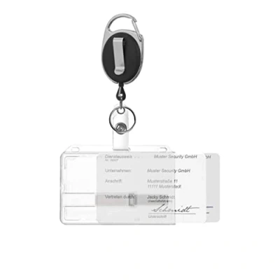 Image of Karteo® Card Name Badge Holder for 2 Cards with Slot + Transparent Sliders and JoJo Retractable Reel Carabiner Clip Black