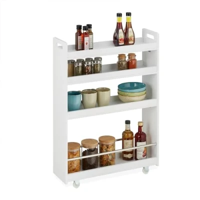 Image of Relaxdays Niche Trolley, 4 Shelves, Narrow Storage Shelf, Kitchen &amp; Bath, Mobile Cart, MDF, 83.5 x 18 59.5 cm, White, Metal