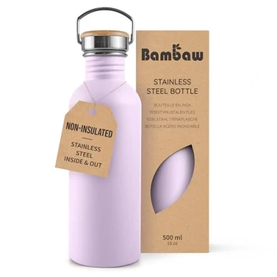 Image of Bambaw Stainless Steel Water Bottle 500ml, Purple Bottle, Non Insulated Leakproof BPA Free Metal 500 ml Lavander Haze