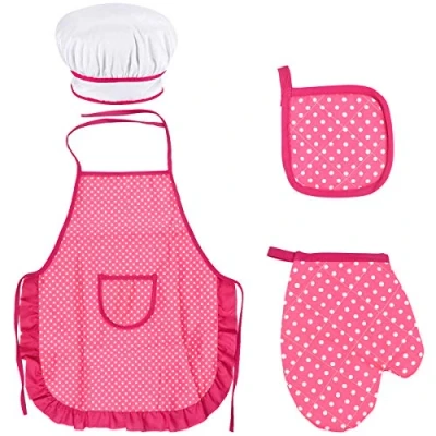 Image of Chef Set for Kids, Adjustable Cooking Apron Toddler, Children Kitchen Baking with Child Hat, Kids Mitt, Heat Resistant Mat Boys Girls Age 3 8 Years Old (Rose Red)