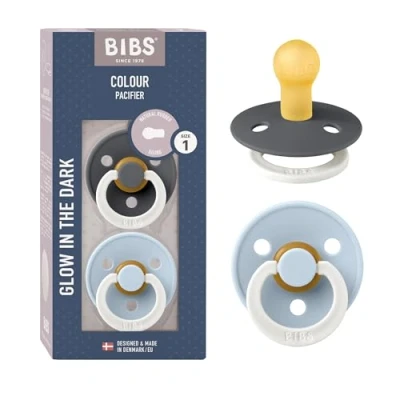 Image of BIBS Colour Glow Soother 2 Pack, in The Dark BPA Free Dummy Pacifier, Round Nipple. Natural Rubber Latex, Size 1 (0 6 Months), Iron Night/Baby Blue Night