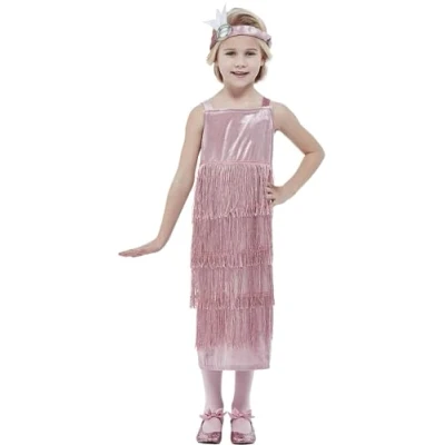 Image of Smiffys 20s Pink Flapper Costume Dress &amp; Headband, Girls Fancy Dress, 1920s Up Costumes