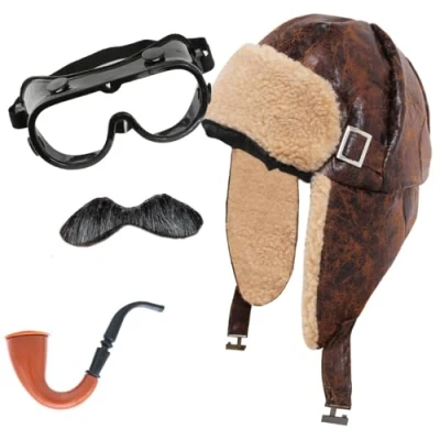 Image of Aviator Hat Set 1940s Grandpa Style Pilot + Black Goggles Fancy Dress Accessory 40&#039;s Wartime Flying Helmet Great Escape Adults Costume Fits Up To 55cm Head (Adult Sized)