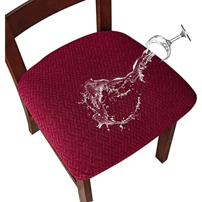 Image of LANSHENG Waterproof Dining Room Chair Seat Covers Set of 4 Washable Jacquard Stretch Slipcovers Protector Kitchen with Buckle (Wine Red, 4)