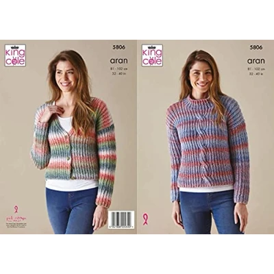 Image of King Cole Acorn Aran Knitting Pattern 5806 Sweater &amp; Cardigan