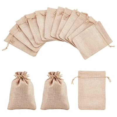 Image of NBEADS 50 Pcs Burlap Gift Bags with Drawstring Wedding Jute Sacks Jewelry Pouches for Party and DIY Craft, Beige, 13.5 14x9.5 10cm