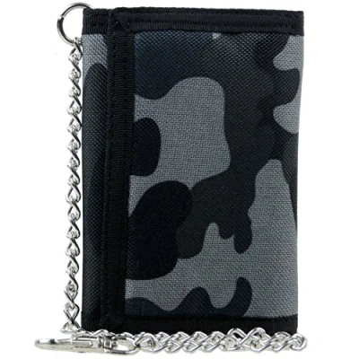 Image of Mens Boys Camouflage Canvas Tri Fold Wallet with Chain &amp; Clip CAMO Slim Black/Grey