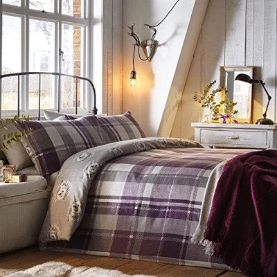 Image of Dreams &amp; Drapes Colville Check 100% Brushed Duvet Cover Set, Cotton, Plum, Super King Bed