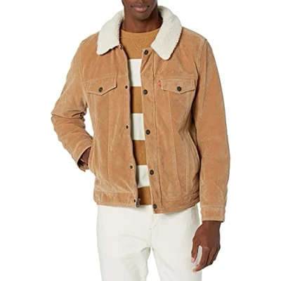 Image of Levi&#039;s Men&#039;s Leather Classic Trucker Jacket, Tan Faux Suede Sherpa, S