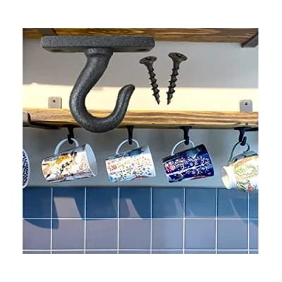 Image of Iron Hooks Under Counter Cup Mug with Fixings x3 Raw Pure Black Holder Command Hook Alternative