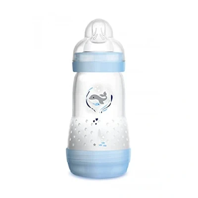 Image of MAM Easy Start Anti Colic A120 Bottle, Patented Bottle with Teat 2 Made of SkinsoftTM Ultra Soft Silicone, for Babies from Months,261 ml, Blue, 1 Unit, Self Sterilising in 3 Minutes