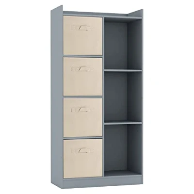 Image of URBNLIVING Tall Wooden 7 Cube Bookcase Shelving Display Storage Unit Cabinet Shelves New (Grey Bookcase) (Beige Drawer)
