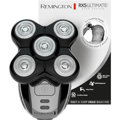 Image of Remington Electric Head Shaver for Bald Men (5 Cutting Heads, Skin Close Results (0.2mm), Waterproof, Detail Trimmer, 50 Minute Runtime, Easy Clean Hair Pocket, Travel Pouch) XR1501